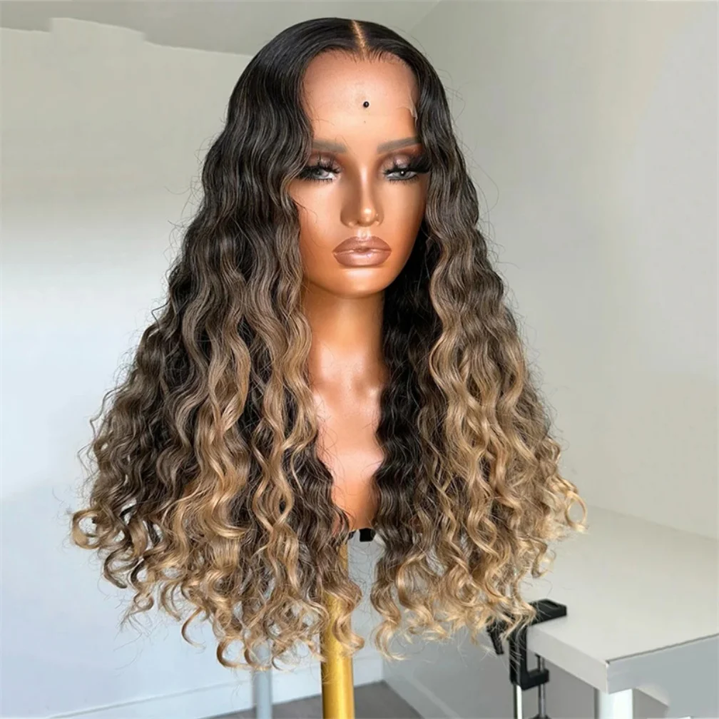 180 الكثافة 26 "ناعمة أومبير شقراء براون غريب مجعد الدانتيل شعر مستعار أمامي للنساء BabyHair غلويليس مقاومة للحرارة