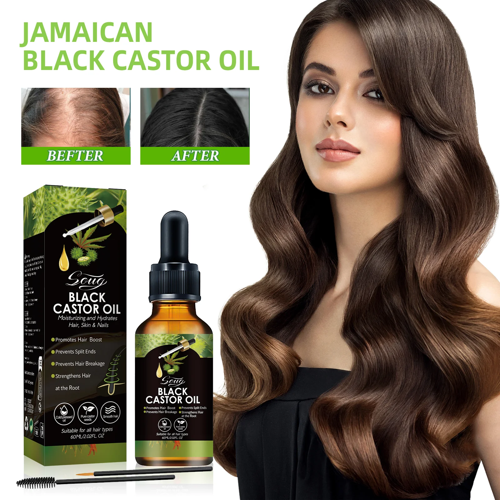 

60ML Black Castor Oil Natural Hair Growth Jamaican Scalp Dense Hair Loss Prevention Hair Strengthening Repair Nourishing Care