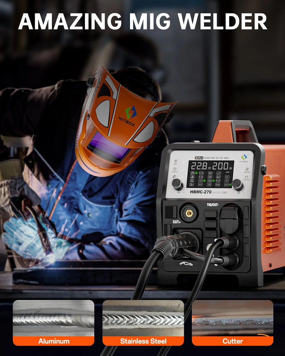 HITBOX HBMC270 Aluminium MIG-Schweißgerät 220V 6-in-1 ARC MMA Stick HF TIG Gaslos/Gas MIG Punktschweißgerät Plasmaschneider Großes LED-Display 2T/4T IGBT-Technologie Tragbares Schweißgerät für Zuhause und Outdoor für Edelstahl, Kupfer, Aluminium – Detail 6