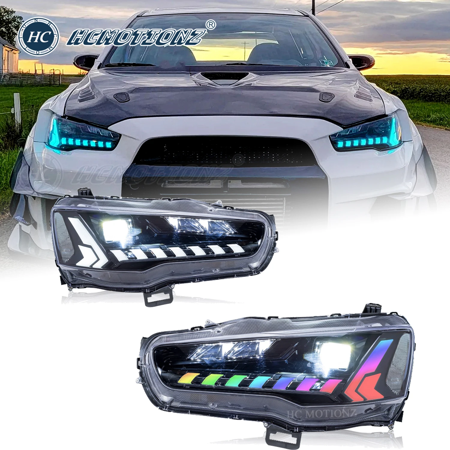 

HCMOTIONZ Head Lights for Mitsubishi Lancer 2008-2017 ex evo CF/CJ RGB DRL Start UP Animation LED Car Front Lamps Assembly