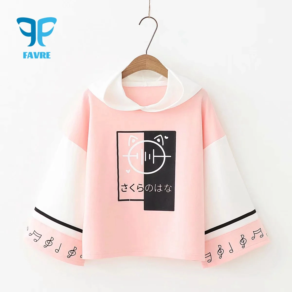 FAVRE Kawaii Cute Cat Colorblock Hoodies Japanese Small Fresh Musical Note Print Sweatshirts Loose Casual Mori Pullovers