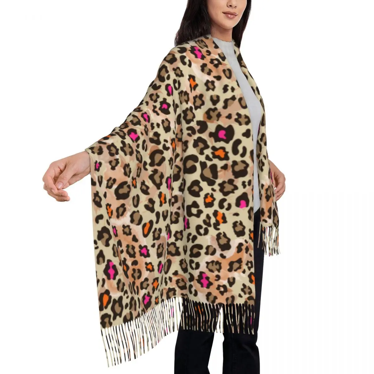 Custom Animal Skin Leopard Print Scarf Wrap for Women Long Winter Warm Tassel Shawl Unisex Scarves