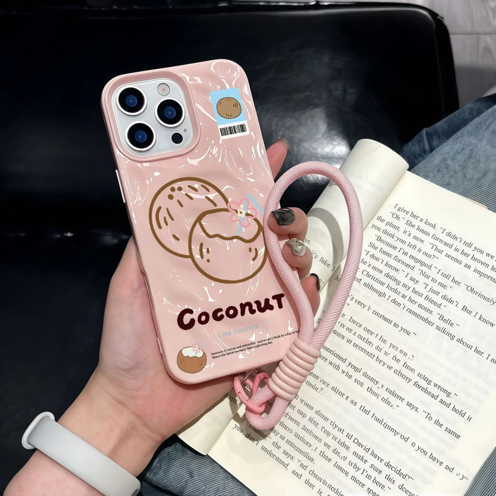 Niedliche Handyhülle mit Kokosnussmuster aus Falten-Silikon für iPhone 17 15 13 11 12 14 16 17 Pro Max 15 Plus Air mit Lanyard INS Cover – Detail 3