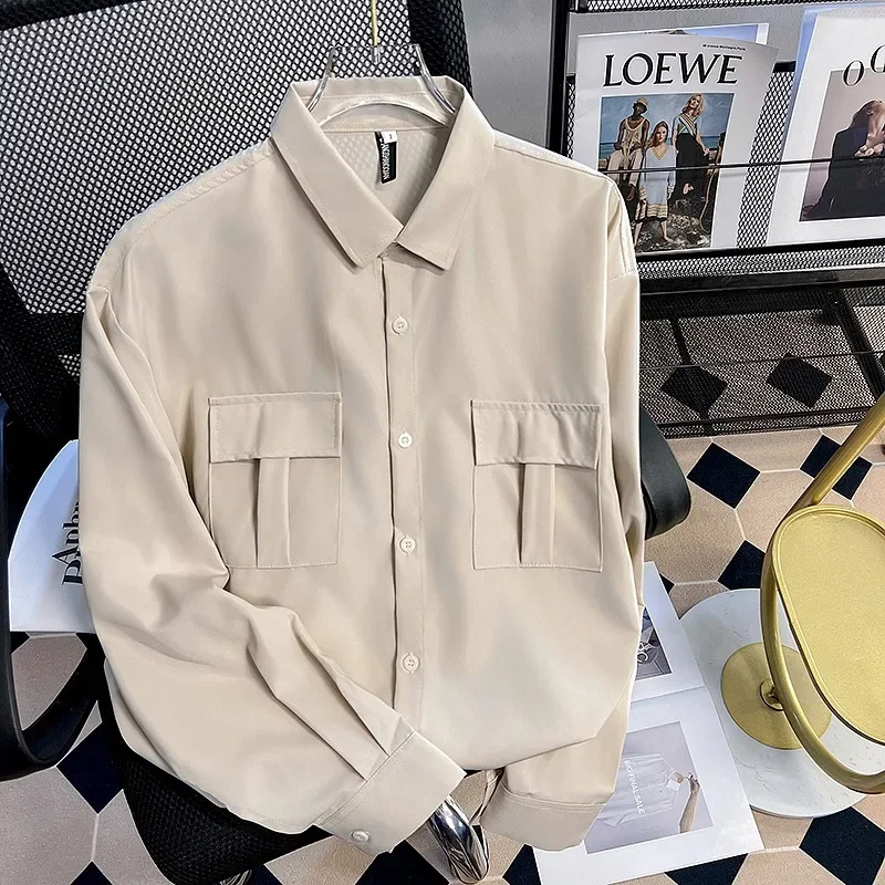 

Loose-fit Artsy Shirt for Men Spring Solid Colors Fashion Concise with Square Collar Long Sleeve and Trendy Design chemise homme