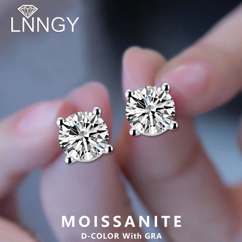 Lnngy 0.3-2CT Moissanite Stud Earrings For Women Girl 925 Certified Silver Earring Exquisite Wedding Jewelry Piercing Pendientes