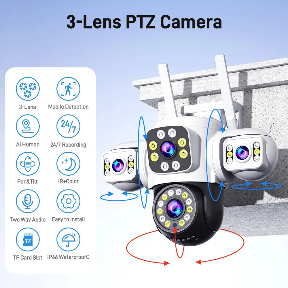 6MP UHD Yoosee APP Triple Lens Full Color Wireless PTZ IP Dome Camera AI Humanoid Detection Home Security CCTV Baby Monitor