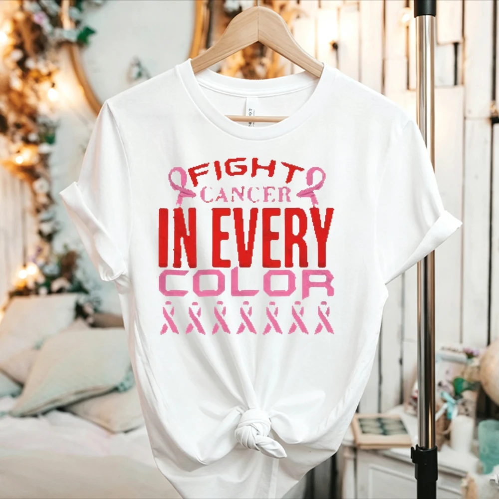 October Breast Cancer Support T-Shirt  Women's Pink Ribbon Awareness Tee Top Cotton Shirts for Men Women Aesthetic Clothes