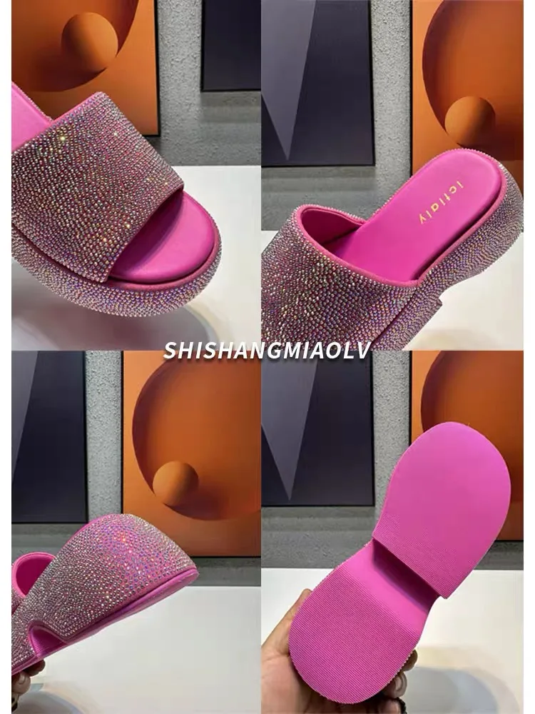 Women Luxury Crystal Slippers Outdoor Blingbling Slides Summer Shoes High Heels Unique Design Holiday Fashion Height Increase