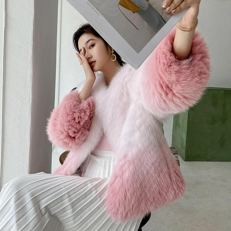 2023 Gradual Color Fox Fur Coat Women's Winter New Korean Sweet Short Round Neck Loose Full Pelt High Quality Real Fur Jackets