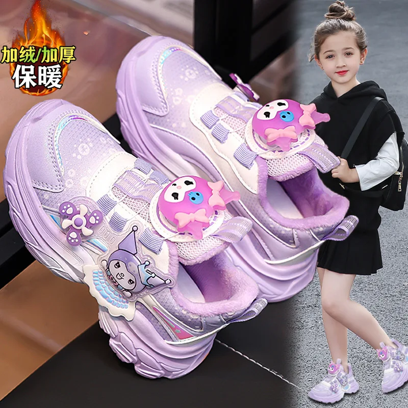 Sanrios Girl Cotton Shoes Winter Velvet Children's Shoes Anime Figure Kuromi New Breathable Keep Warm Kawaii Cartoon Sneakers