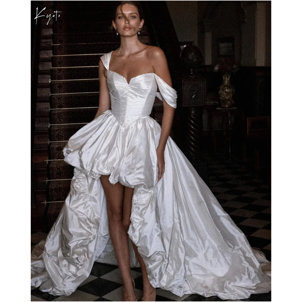 

Kyoto Customized White High-Low Ball Gown Wedding Dress Off Shoulder Court Train vestidos de noche Lace-up Back Formal Evening
