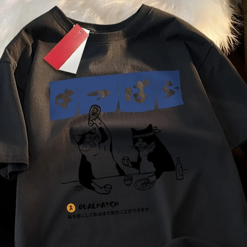 Harajuku Japanese Cat Drinking Top Women's Round Neck T-shirt Streetwear Summer Clothing Hip Hop Sports T-shirt Women's Clothing