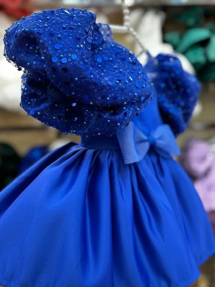 Children Dress Girls 1st birthday party Royal Blue Satin Sequin Wedding Flower Girl Baby Bubble Sleeves Princess Tutu Puff Dress