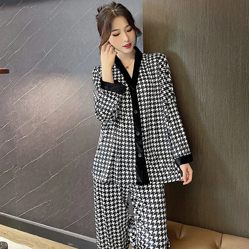 V-Neck Trouser Suits Long Sleeve Cardigan Home Clothes Warm Sleepwear Leopard New Women\'s Pajama Set Fashion Velvet Nightwear