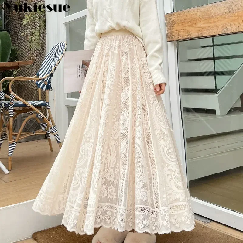Spring Summer Korean A-line Bohemian High Waist Hollow Out Female Maxi Skirts Vintage Women's Lace Crochet Umbrella Long Skirts