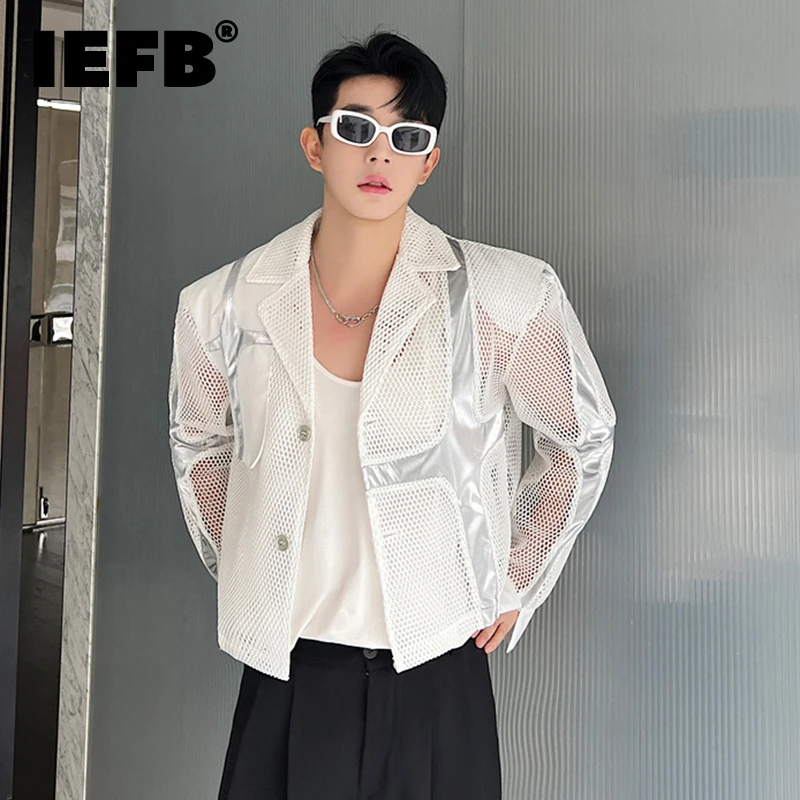 IEFB Hollow Out Suit Trend Men\'s Short Splicing Shoulder Pad Blazers Street Male Long Sleeve Mesh Tops Suncereen Clothing 9C1061