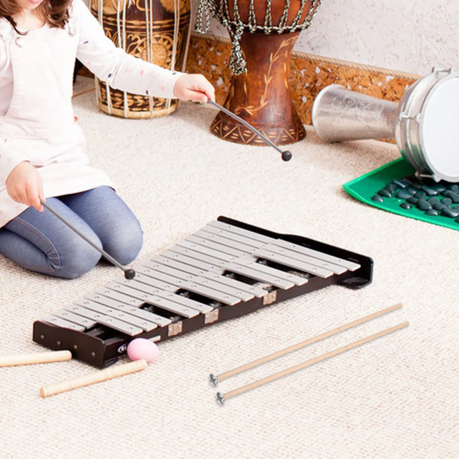 

1Pair Xylophone Mallets Professional Metal Head Oval Shape Wooden Handle Lightweight Percussion Sticks for Glockenspiel Drums