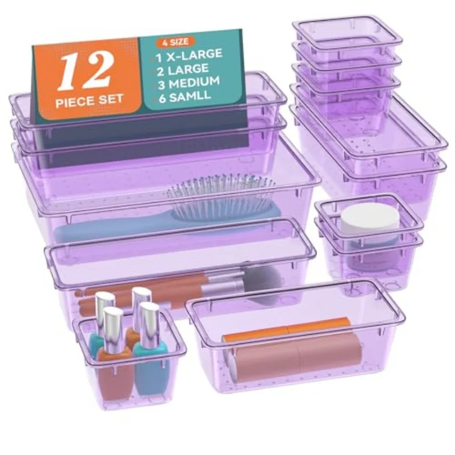 

12-Piece Drawer Organizer Set, 4 Sizes Versatile Plastic Vanity Organizer for Makeup, Stationery, Gadgets, in Kitchen, Bathroom