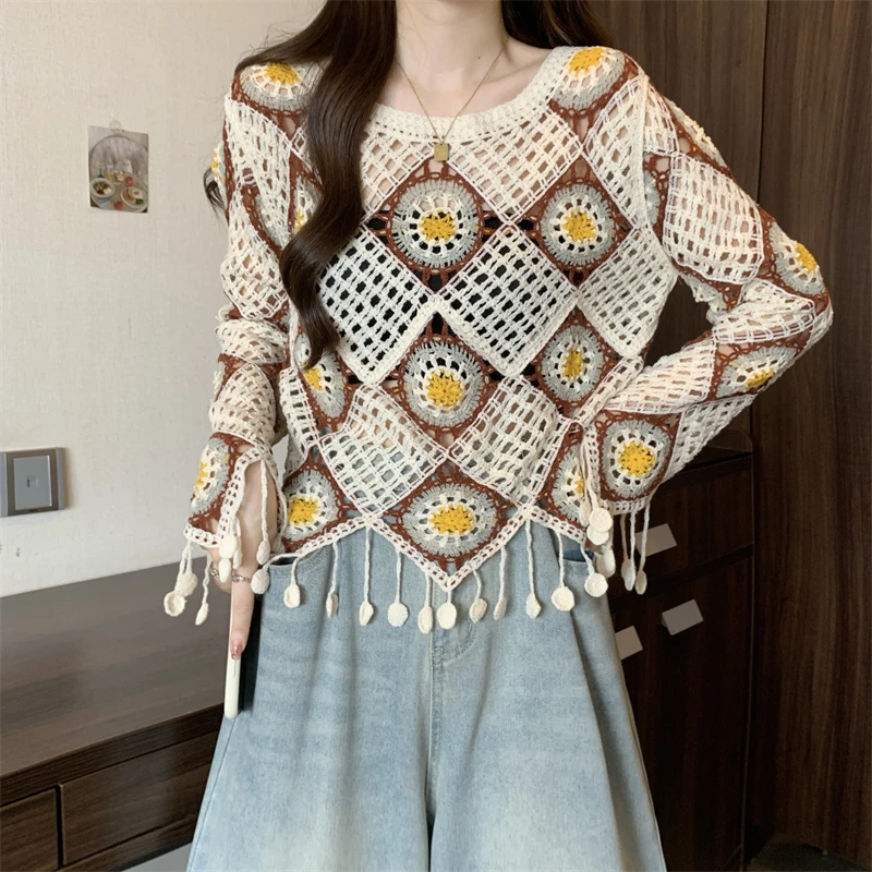 

Granny Square Crochet Top for Women Fringed Openwork Pullover Open Knit Sweater with Tassel Teen-girl Boho Vacation Outfit