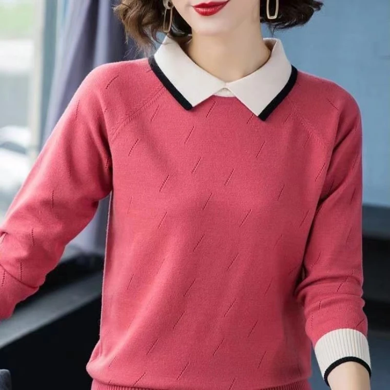 Doll Collar Base Knitted Women\'s 2024 New Contrast Color Spring Autumn Korean Version Loose Slimming Top Long Sleeved Sweaters