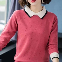 Doll Collar Base Knitted Women's 2024 New Contrast Color Spring Autumn Korean Version Loose Slimming Top Long Sleeved Sweaters