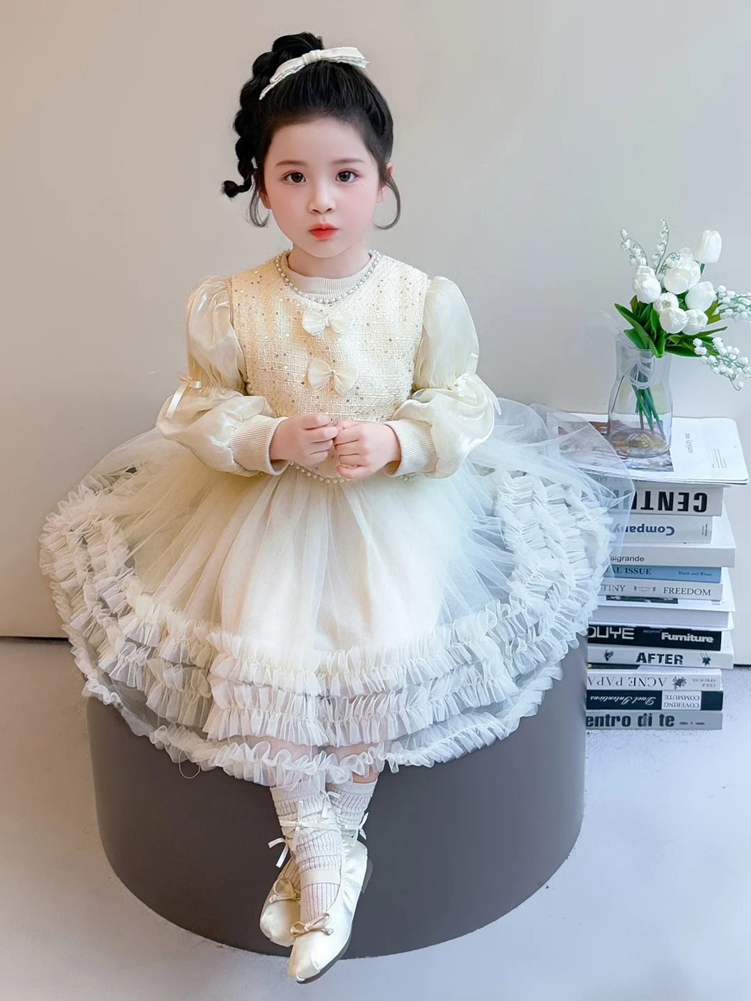 

Spring 2026 Girls' Comfortable Sweet Knot iny Sequin Skirt Set Casual Sportswear Long Sve round Ne mid Waist