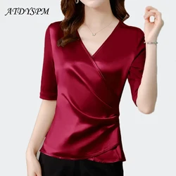 Summer Satin Shirts Women Simple V-Neck Fashion Woman Blouses 2024 Elegant Ladies Casual Short Sleeve Tops Blusas