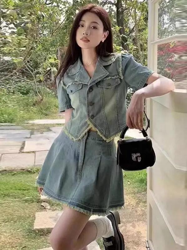 

Slimming Vintage Large Size Denim Set Women's Summer Thin Short Skirt Half Body Skirt Two Piece Set Plump Sister
