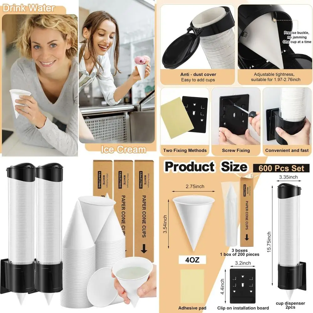 

Утолщенные бумажные конусы емкостью 4 унции, 600 шт. с настенным диспенсером для бритых льда и холодных напитков.