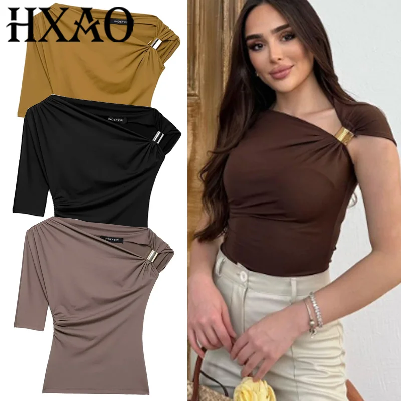 HXAO Asymmetrisches Top, One-Shoulder-T-Shirt, kurzes schwarzes Damen-Top, gerüschte enge Tank-Tops, Y2K-Sommer-Kurzarm-Gelb-Top
