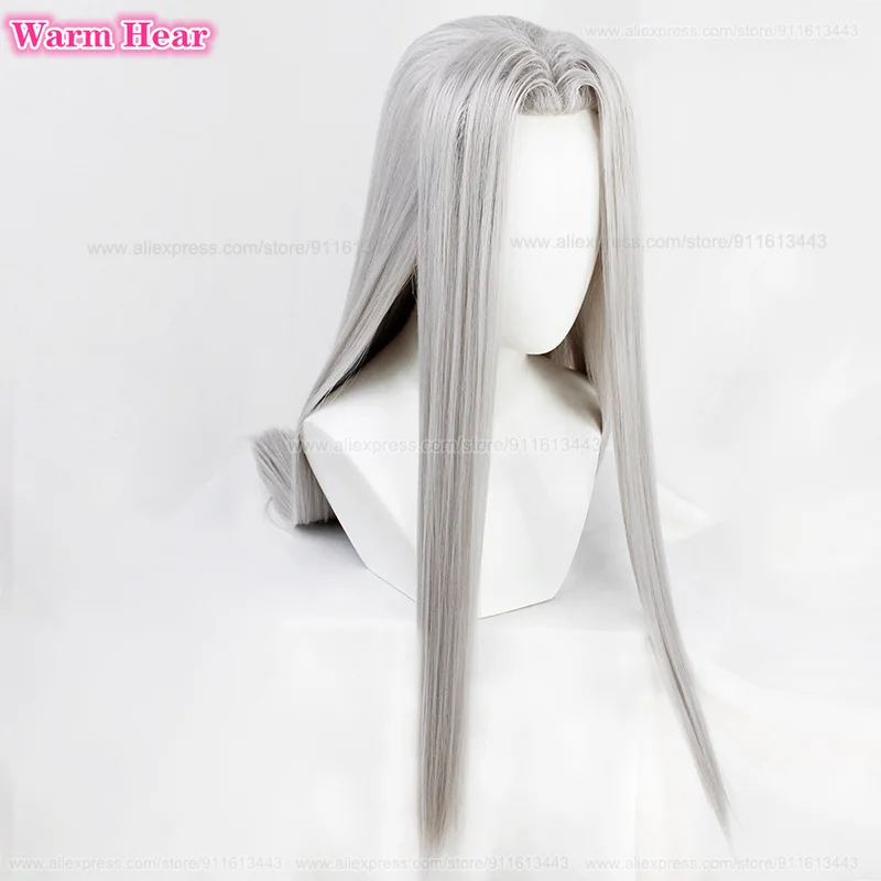 Anime Sephiroth parrucca sintetica 100cm lungo argento Cosplay Costume parrucca resistenza al calore fibra gioco da uomo Halloween capelli + un cappuccio parrucca