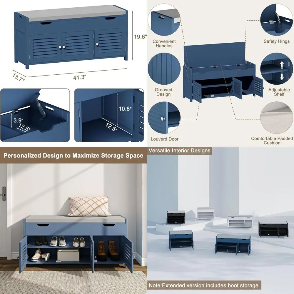 Blue Cushioned Lift-Top Shoe Storage Bench with Adjustable Shelf for Entryway, Bedroom, Living Room