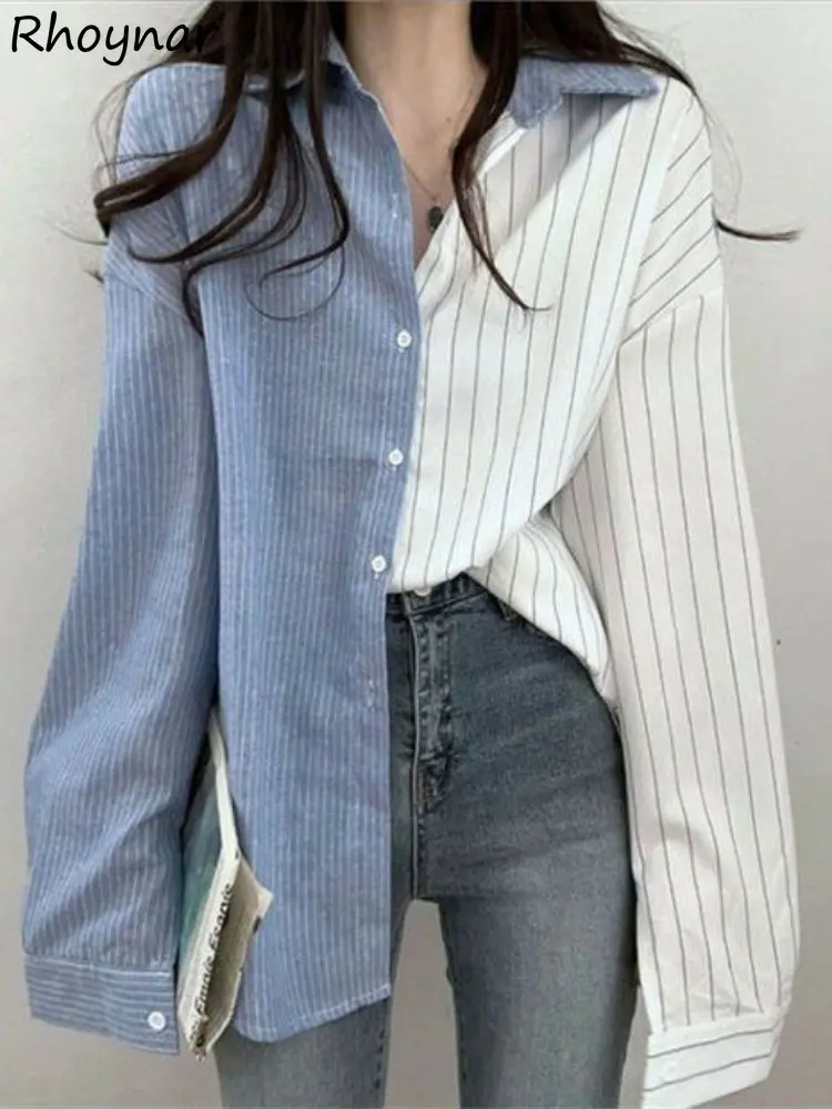 Vertical Striped Shirts Women Baggy S-3XL Irregular Korean Fashion Preppy Harajuku Lady Camisas Long Sleeve Spring Temper Teens