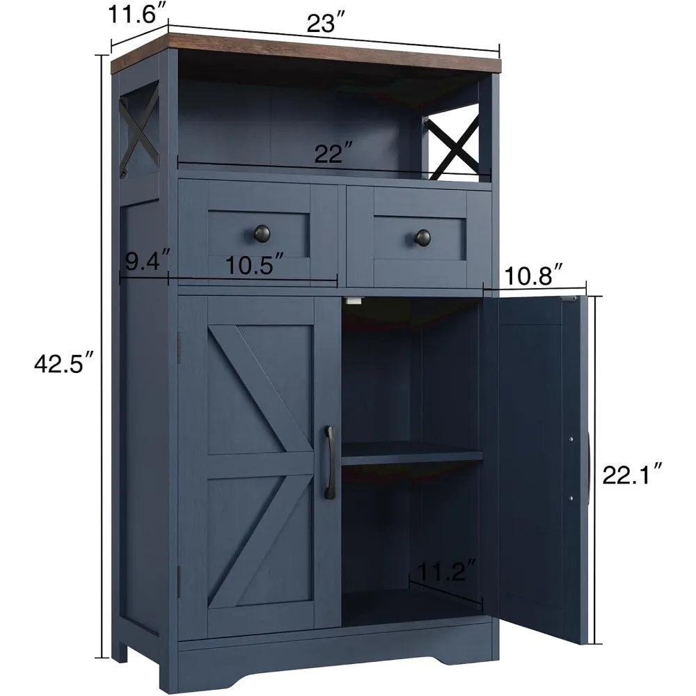 Farmhouse Storage Cabinet with Drawers, Small Kitchen Pantry Cabinet, Blue | Accent Coffee Bar Cabinet Cupboard, 2 Drawers, 2 Barn Doors & Adjustable Shelves, for Kitchen/Entryway/Living Room/Bathroom