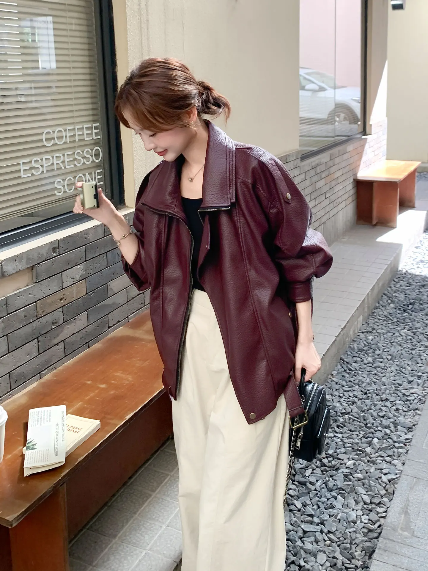 Vino Rosso Cuoio DELL'UNITÀ di elaborazione Jaet delle Donne Allentato Casual Sle Primavera Autunno Cappotto Or Alta Quali Sensazione Chiusura Con Cerniera Lungo Sve