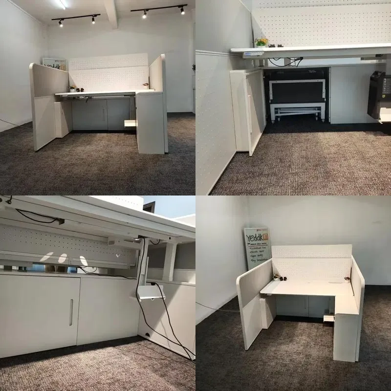 Modern Electric Standing Desk with Steel Privacy Partition and Locker 4 Motor Height Adjustable Sit Stand Workstation for