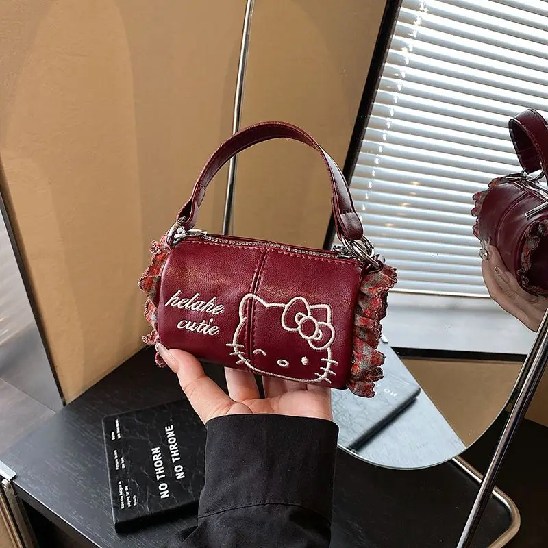 

Kawaii HelloKitty Cartoon Embroidered Cylinder Shoulder Bag Mini Handbag Premium Commuter Cat Messenger Bag Birthday Gifts