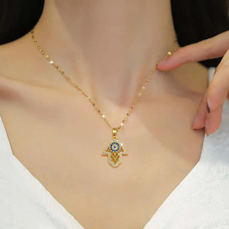 Stainless Turkish Hamsa Hand Fatima Crystal Necklace For Women Evil Eye Necklaces Gold Color Clavicle Long Chain Lucky Jewelry