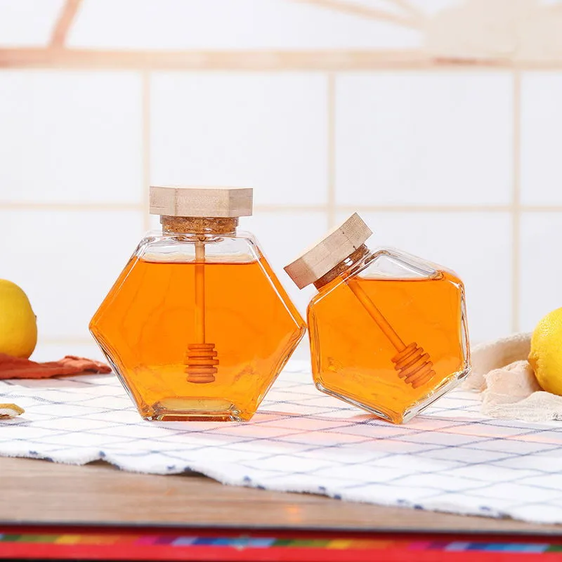 220ML/380ML Transparent Glass Hexagon Honey Jar Mini Small Sealed Storage Bottle With Wooden Stick Spoon Kitchen Tools