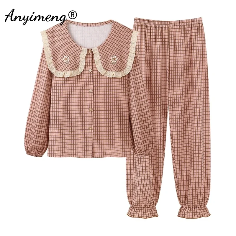 New Autumn Winter Ladies Pajama Sets Faux Cotton Sleepwear Two-piece Set Long Sleeved Pyjamas Fashion Plus Size 4XL Pijamas