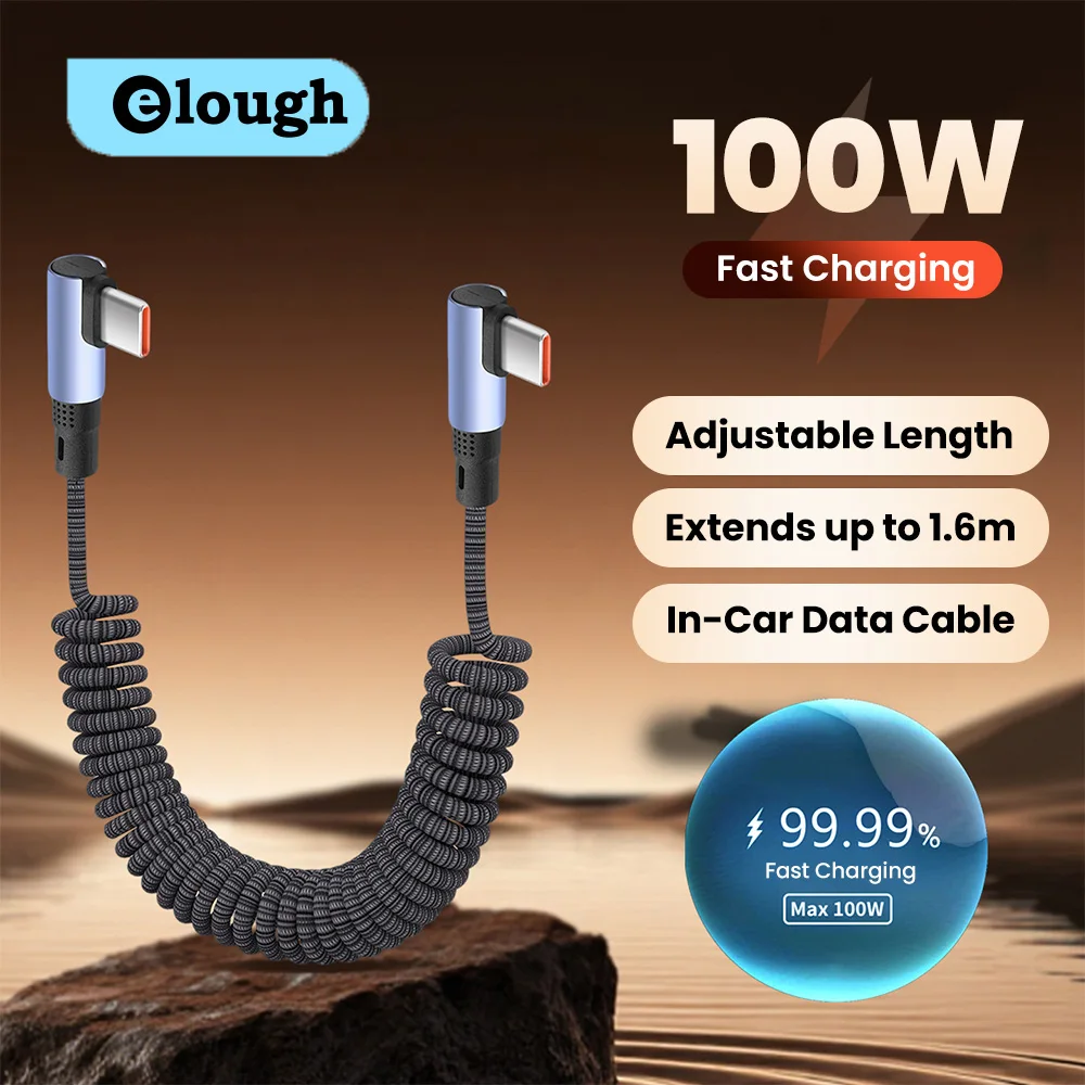 100W Fast Charging Car Spring Cable Double Elbow Braided Retractable Type C To Type C Cable for iphone 15 16 17 Samsung Xiaomi