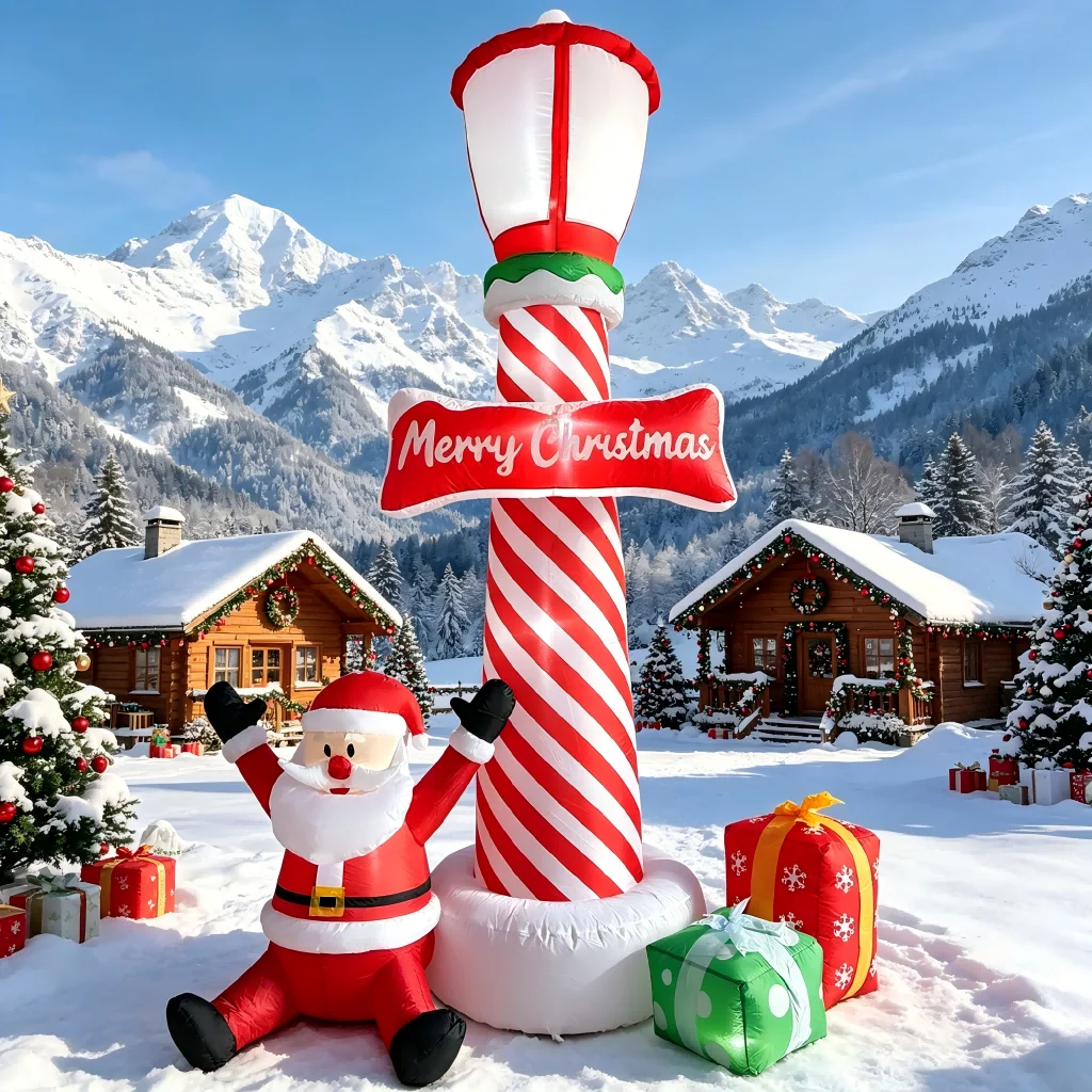 8FT Tall Christmas Blow Up lighthouse Set, Lighted Inflatable Santa Claus with Candy Cane Pole and Presents, Outdoor Christmas Decorations for Yard, Patio, Garden, Lawn, Outside Holiday Party, Christmas Celebration
