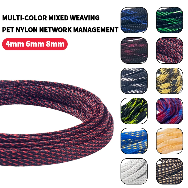 Mixed colours 12 kinds 3mm 4mm 6mm 8mm 10mm PET  Nylon Braided Mesh Tubing PET Wire Sleeve Flame Retardant Braided Mesh