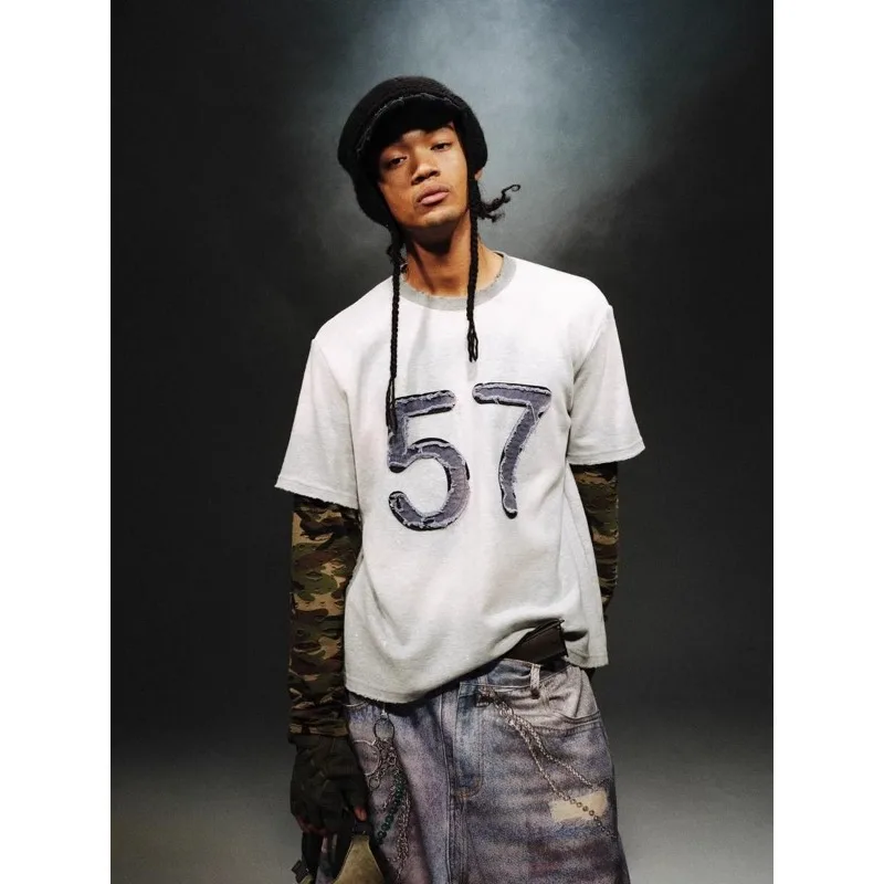 

Mens American Washed Worn Camouflage Loose Fake Two Piece Long Sleeve T-shirt Vintage High Street Pullover Men Streetwear