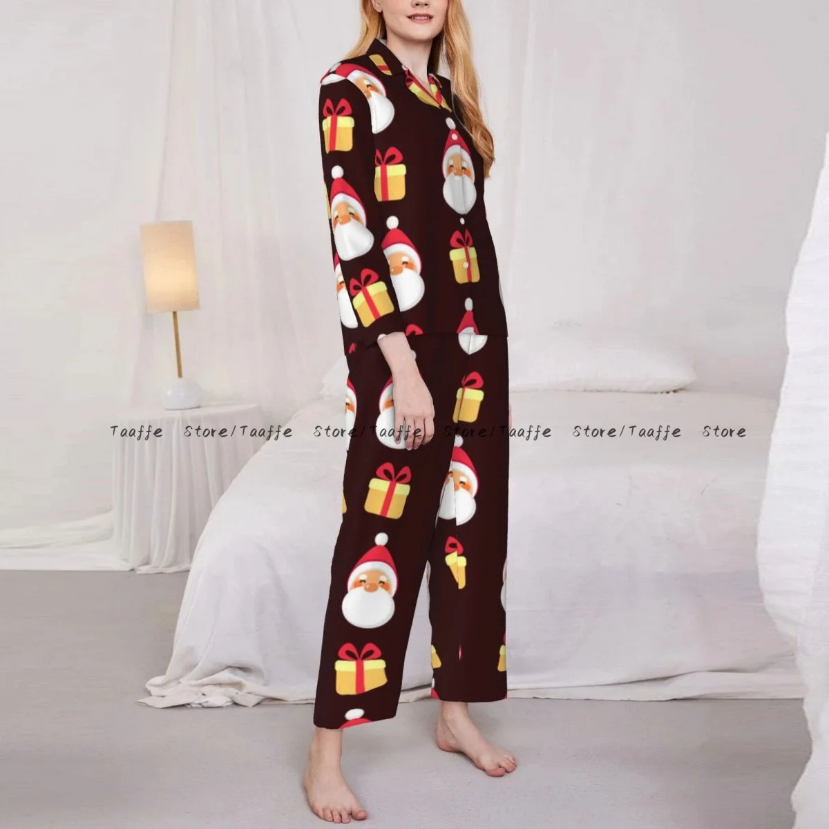 

Long Sleeve Pants Pajamas Loungewear Set Cute Santa Claus With Gift Box Pattern Women's Pull Edge Loose Sleeping Suit