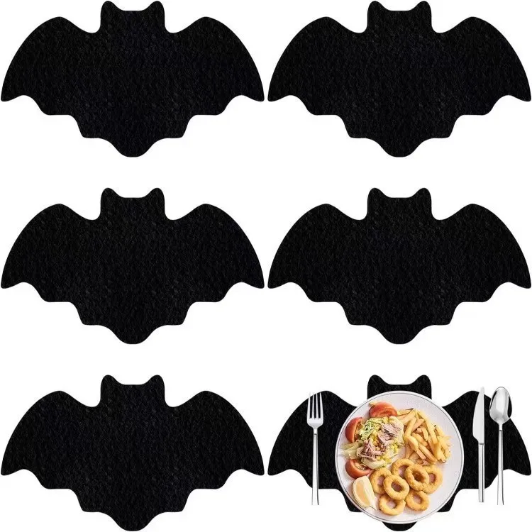 5 Pack Halloween Felt Coasters – Black Bat Heat-Proof Placemats, Non-Slip Table Decor for Holiday Party Supplies