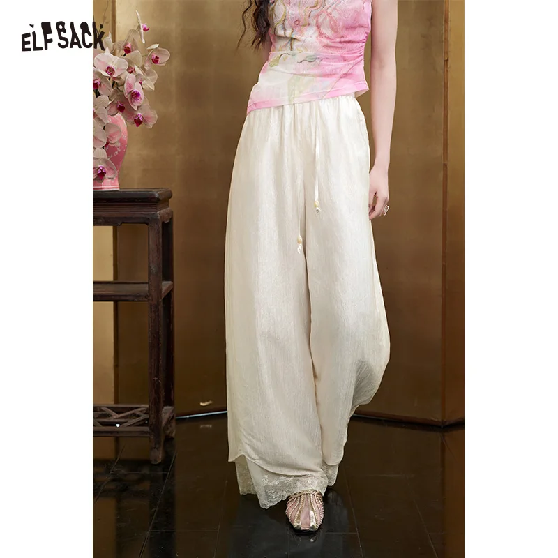 ELFSACK Jacquard Wide Leg Lace Trim Pants, High Waist Drawstring Trousers, Elegant Oriental Style Loose Pants for Women