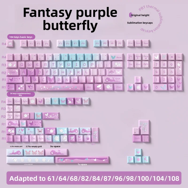 

Оригинальная тематическая крышка для клавиш Dream Purple Butterfly CherryHeightPBTPersonality, механические колпачки для клавиатуры