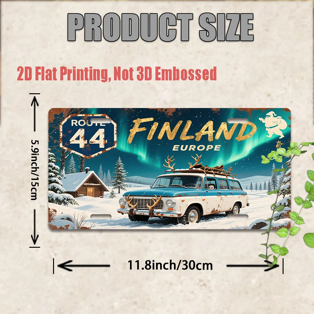 2D Flat Design, a Vintage Route 44 Finnish Metal License Plate - a Heavy Metal Sign Featuring The Finnish Flag, Northern Lights,