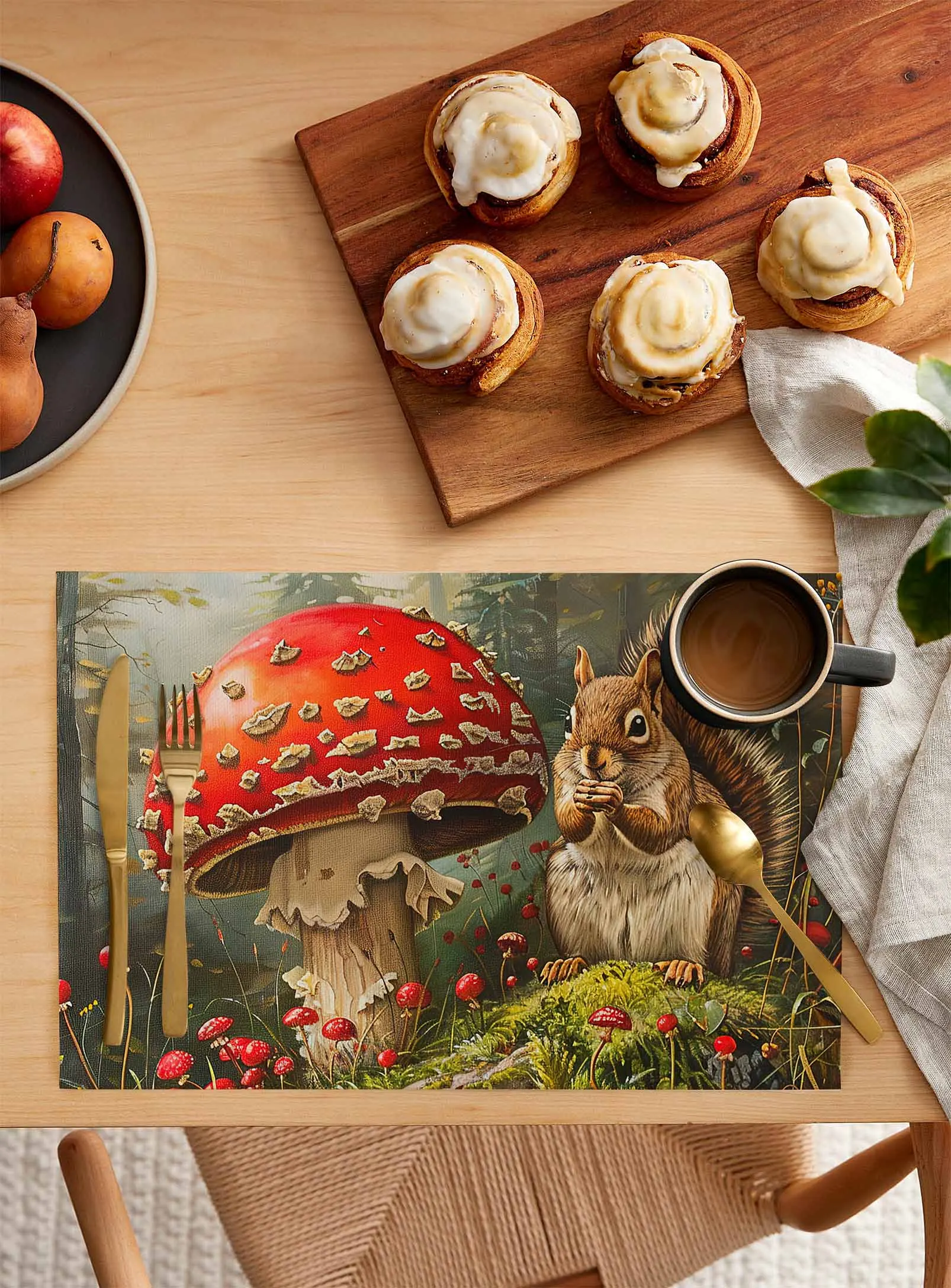 4/6 Pcs Autumn Forest Mushroom Squirrel Kitchen Placemat Dining Table Decor Table Mat Home Decor Coffee Tea Pad Cup